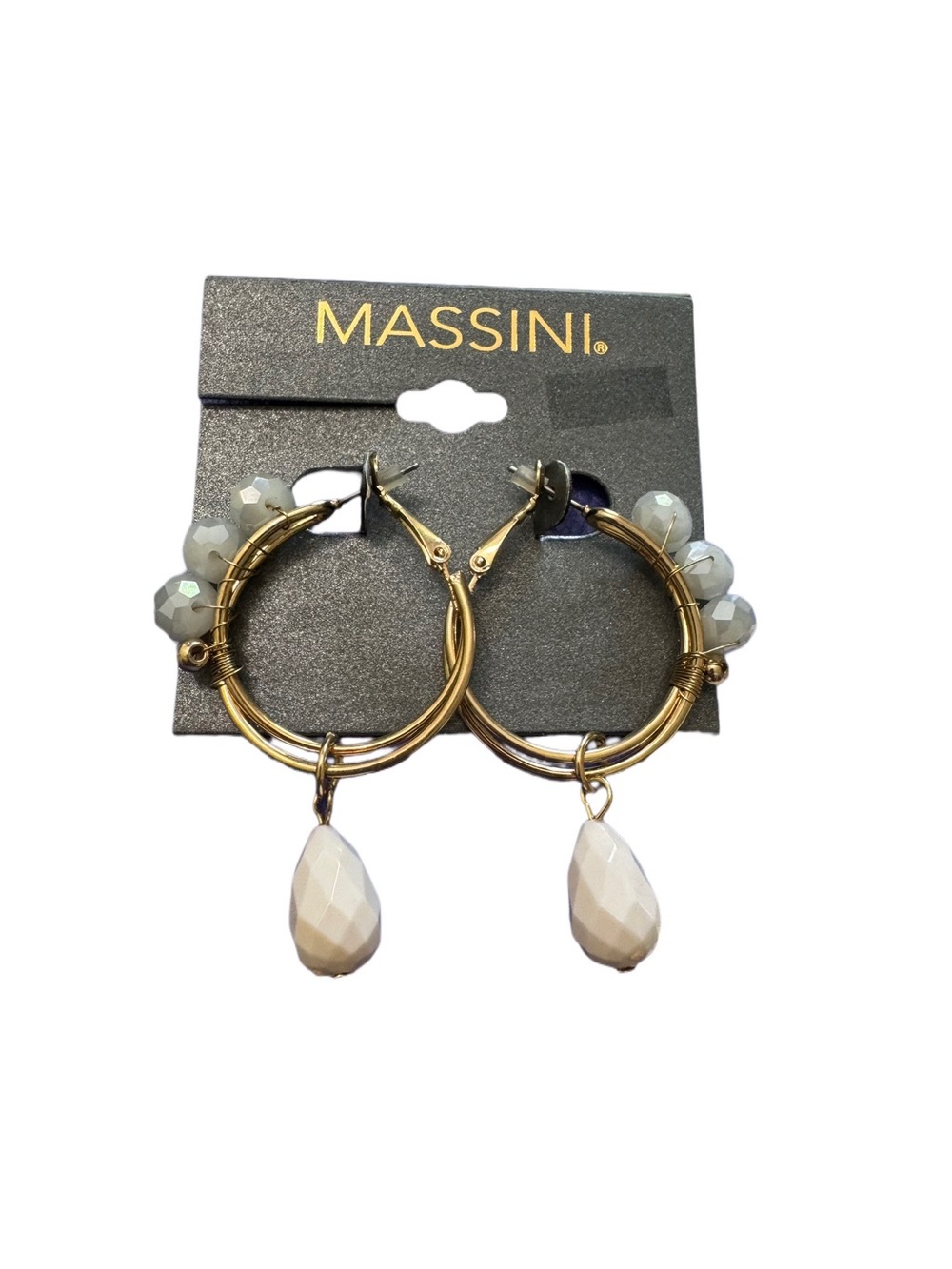 Massini Gold Hoop Earrings with White Teardrop and Pale Gray Accent Beads